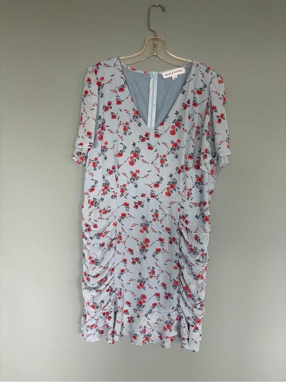 Emma & Michele Light Blue Floral V-Neck Ruched Midi Dress